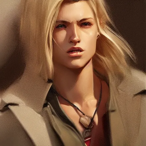 Image similar to hot looking blonde wearing jacket, light stubble, digital art, photorealistoc, art by greg rutkowski, hyperdetailed, western comic style, comic, comic style, sharp lineart, professional lighting, deviantart, artstation, trevor henderson, rossdtaws, cinematic, dramatic