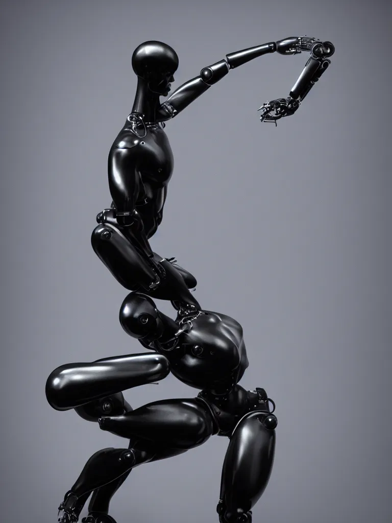 Prompt: The Discobolus of Myron sculpture as an I Robot, black paper, by mario feng, ray tracing, master shot, octane render, 8k, ultra hd, perfect light