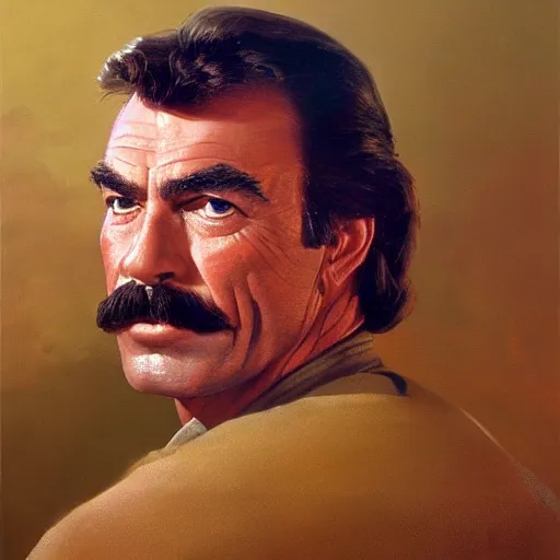 Image similar to ultra realistic portrait painting of tom selleck as anakin skywalker, art by frank frazetta, 4 k, ultra realistic, highly detailed, epic lighting