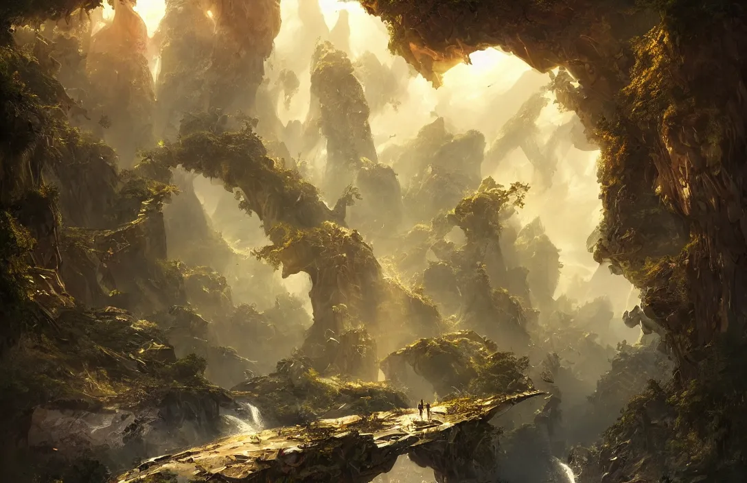 Image similar to a huge arc far away in the style of stephan martiniere, detailed dreamscape, hyperreal phantastic, intricate details in environment, golden ratio, high aestehtic, waterfalls and lakes, cinematic light dramatic light, lightrays, flying birds in distance, trending on artstation