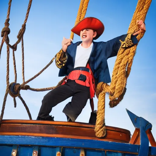 Image similar to a young man jumping on a pirate ship