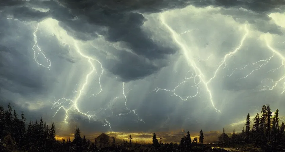 Image similar to heaven!! angels!! god rays, snowy, windy, by eugene von guerard, ivan shishkin, night, lightning!!, storm!, dramatic lighting, concept art, trending on artstation, 8 k