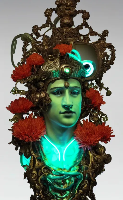 Prompt: a young handsome latino porcelain prince sculpture with a face of a CRT monitor and a large glowing orange crystal in the center of his chest, full-body bronze cyberpunk style statue of Andromeda with glowing green laser eyes, crown of mechanical chrysanthemums, flowing aqua silk, fabric, steampunk flowers. baroque elements, human hands. full-length view. baroque element. intricate artwork by caravaggio. many flying horses on background. Trending on artstation, octane render, cinematic lighting from the right, hyper realism, octane render, 8k, depth of field, 3D