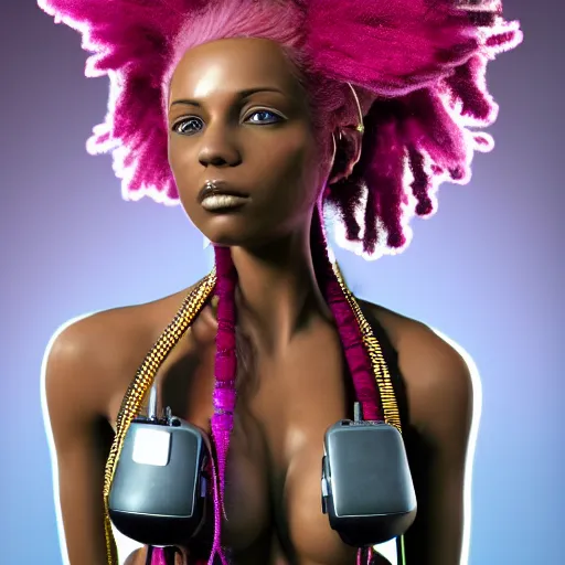 Image similar to portrait of a beautiful caribbean woman with pink hair as a cyberpunk cyborg half robot, revealing wires and electronics, circuit boards, wire management, sci - fi, missing panels, intricate abstract upper body intricate artwork, concept art, octane render, deviantart, cinematic, key art, hyperrealism, iridescent accents, portrait photograph, nikon 3 5 mm, photograph by greg rutkowski