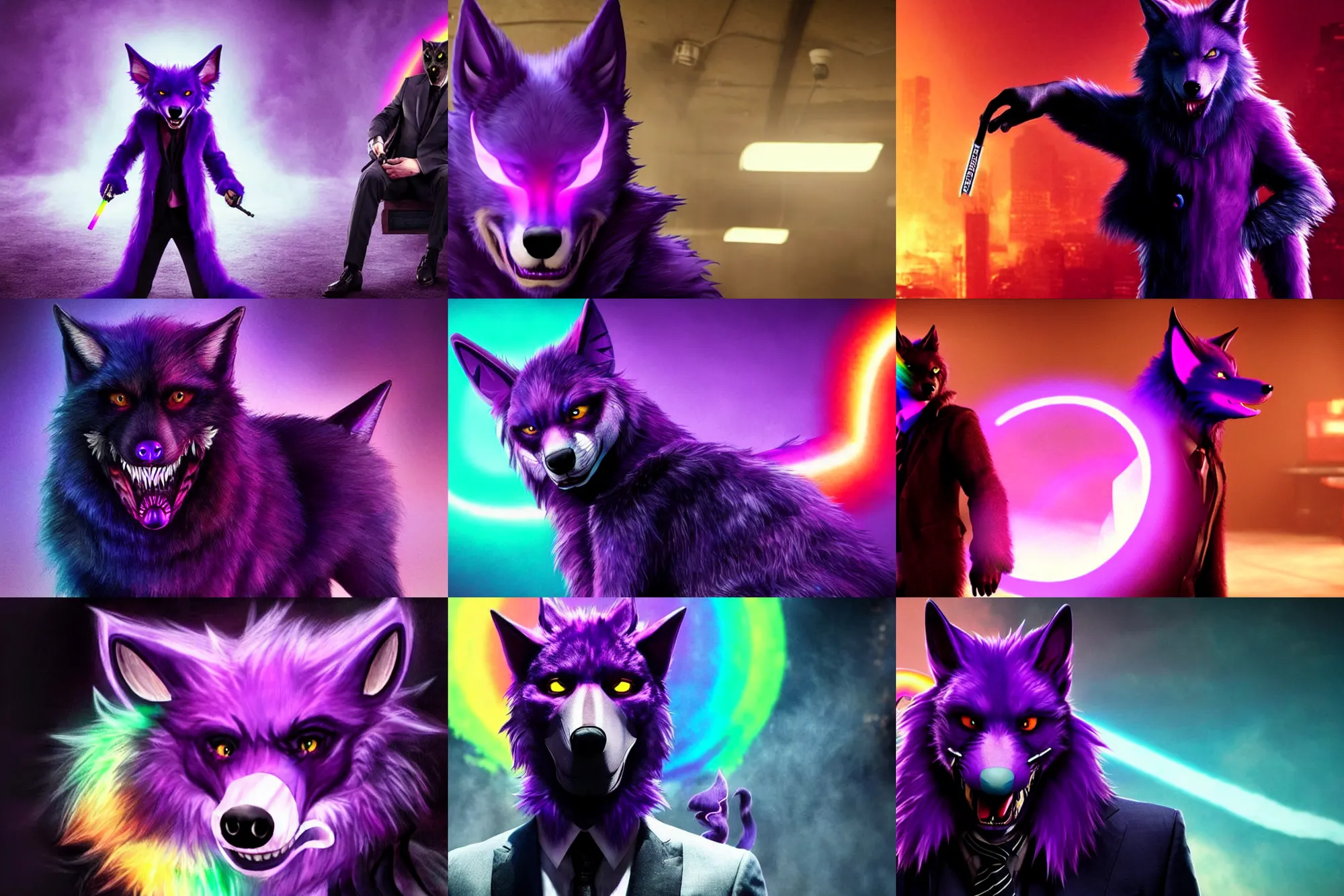 Image similar to ( with a glowing rainbow tail ) a purple wolfbat fursona ( from the furry fandom ) wearing an eyepatch, as a photo from the john wick movie series