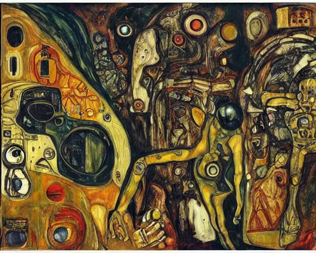 Image similar to a painting of a aliens and robots by graham sutherland, egon schiele, gustav klimt, expressionism