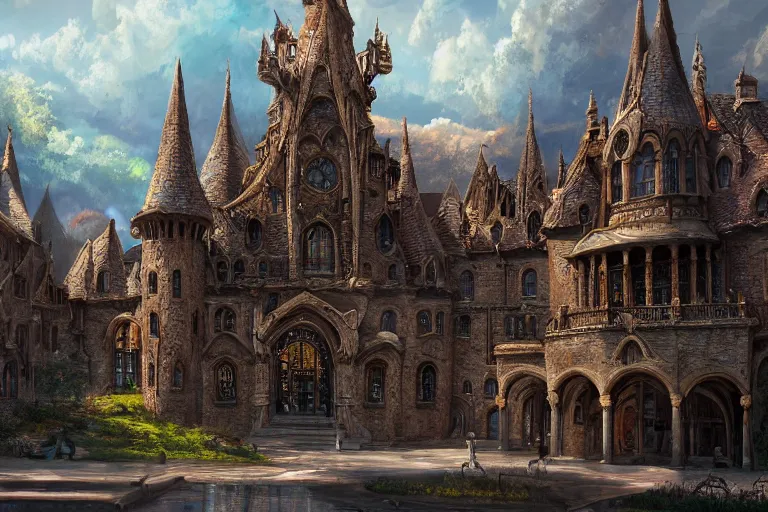 Prompt: A magical college viewed from the outide, texture, intricate, details, highly detailed, masterpiece, architecture, building, trending on artstation, focus, sharp focus, concept art, digital painting, fantasy, sunny, day, midday, in the style of Wizards of the Coast