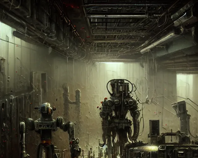 Image similar to gloomy ruined server room in datacenter robot automata rusty steel robot knight colossus welder pacing fixing mono eyed, sharp focus, emitting diodes, smoke, artillery, sparks, racks, system unit, motherboard, by pascal blanche rutkowski repin artstation hyperrealism painting concept art of detailed character design matte painting, 4 k resolution blade runner