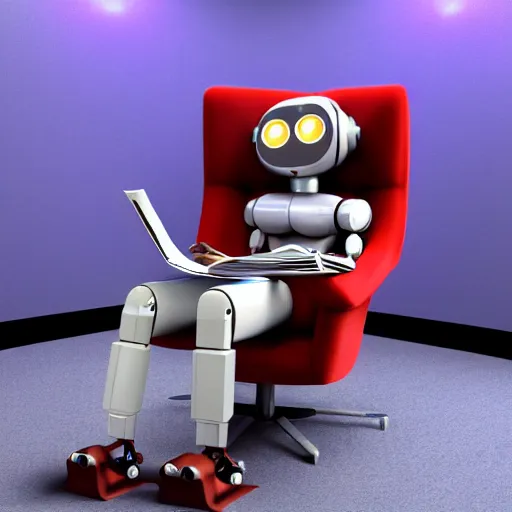 Image similar to futuristic studious matte brown and red and chrome full-body humanoid robot with two huge round expressive sad purple glowing LED eyes and open rectangular mouth sitting on a large comfortable cushioned 1950s vintage recliner reading a newspaper. open newspaper. Cinematic Movie Photograph, Arri Alexa, Extremely Detailed, smooth, very very clean, 8K, octane render, maya render, unreal engine, trending on artstation, DSLR, excellent composition, center frame