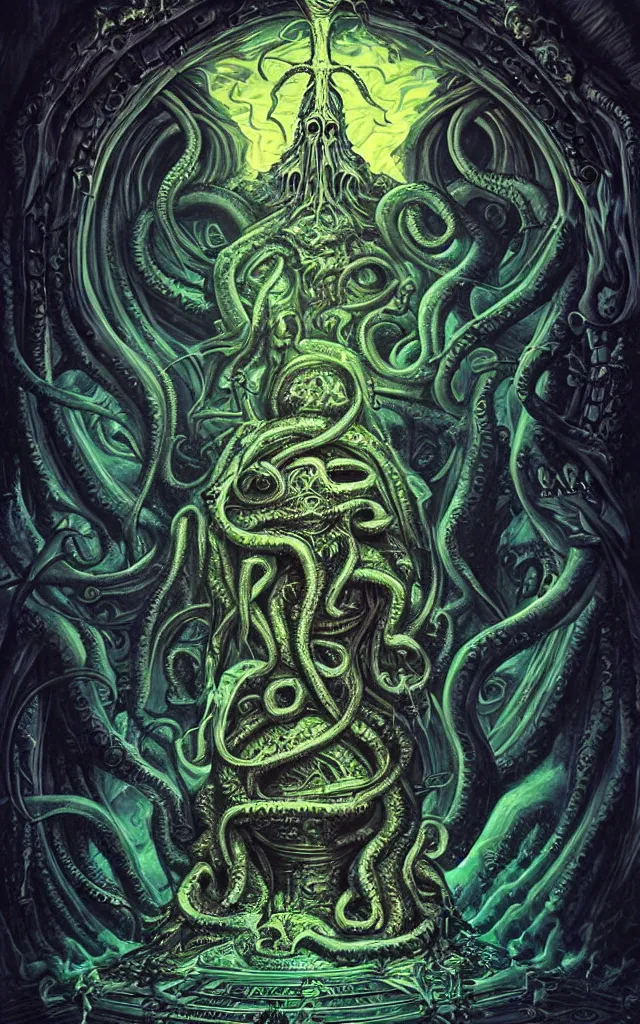 Prompt: pope priest in front of a cthulhu within a viscosity fluid lovecraft portal artwork by android jones, smooth lighting, detailed