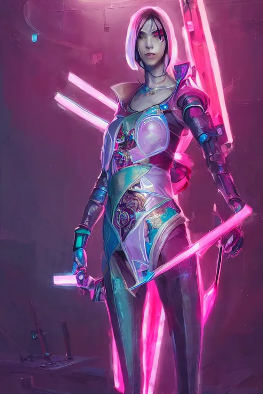 Image similar to fiora from league of legends, cyberpunk futuristic neon. fencing, long sword in her hand, decorated with traditional japanese ornaments by ismail inceoglu dragan bibin hans thoma greg rutkowski alexandros pyromallis nekro rene maritte illustrated, perfect face, fine details, realistic shaded, fine - face, pretty face, masterpiece