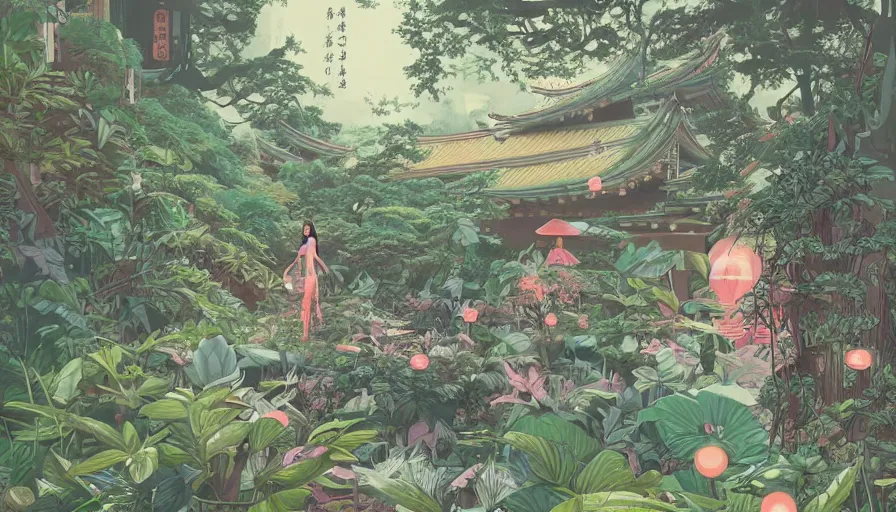 Prompt: a digital painting of a woman exploring a japanese temple, lush plants, eco - cyberpunk art by james jean, cgsociety, retrofuturism, anime aesthetic, chromatic, iridescent