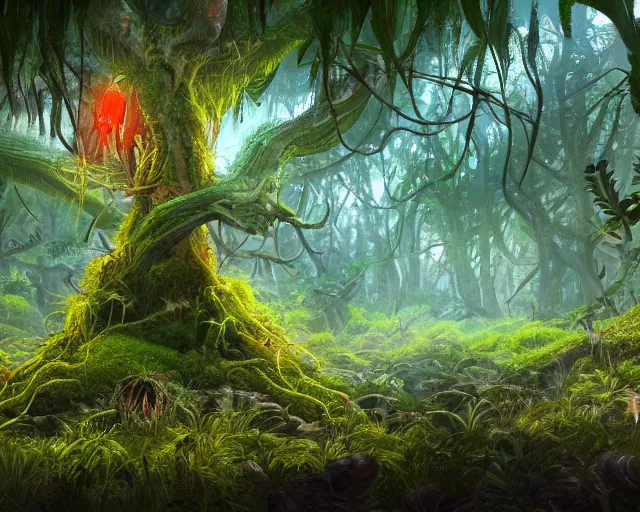 Prompt: alien forest with lush vibrant alien plants and fungi, award winning concept art trending on artstation