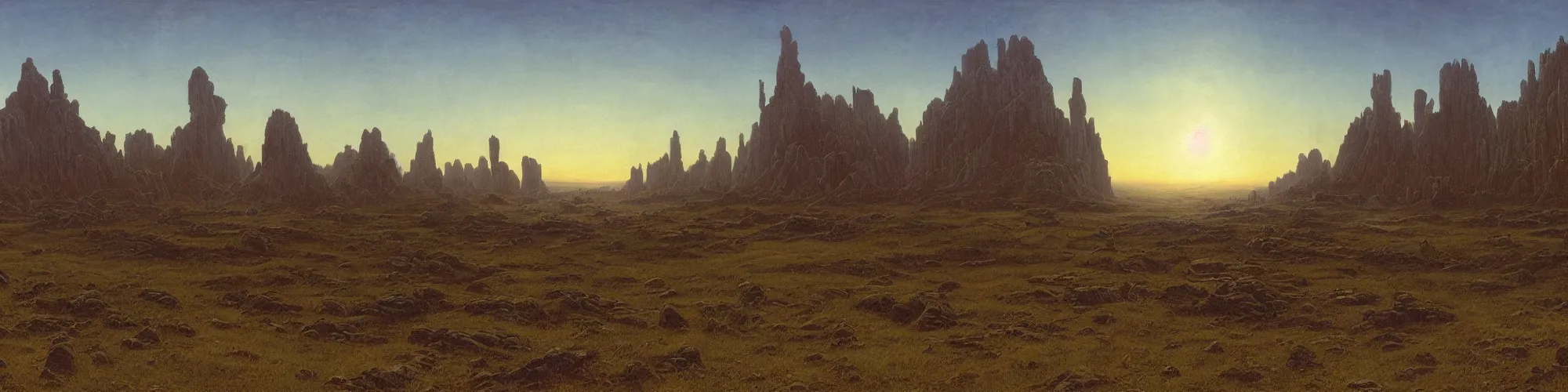 Image similar to panorama view of the background environment without main subject to focus on, no people nor a person, volumetric light from nearby sources, style by caspar david friedrich and wayne barlowe and ted nasmith.