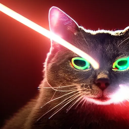 Prompt: Still of a mechanical chrome metallic cat with glowing red eyes staring at the camera, red lens flare