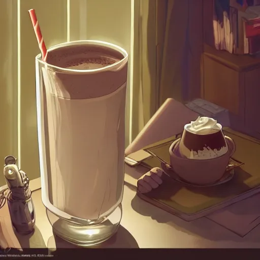 Prompt: beautiful scene render of a hot chocolate drink in a tall glass with cream on top and cocoa powder, desk, monitor, dimly lit bedroom, perfectly shaded, atmospheric lighting, style of makoto shinkai and peter mohrbacher, studio ghibli. artgerm, karol bak, beeple, animation style, 8 k hd, ultra wide angle, hyper detailed