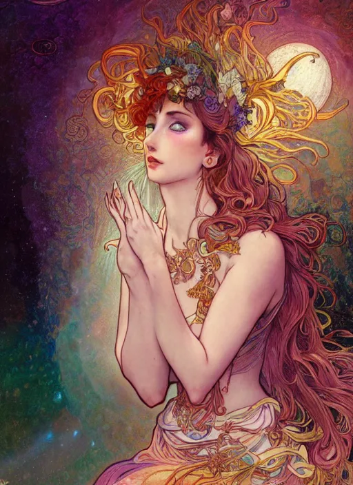 Image similar to Goddess of the Moon, ambient lighting, 4k, josephine wall, alphonse mucha, lois van baarle, ilya kuvshinov, rossdraws, artstation