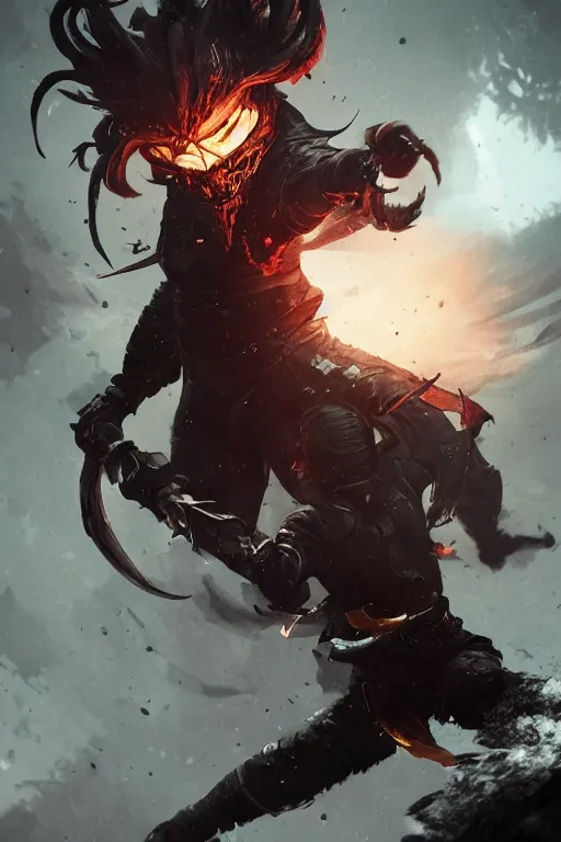 Image similar to An epic image of a demon slayer from Prey Movie fight with female skilled warrior in style of Greg Rutkowski, Digital Art, artstation