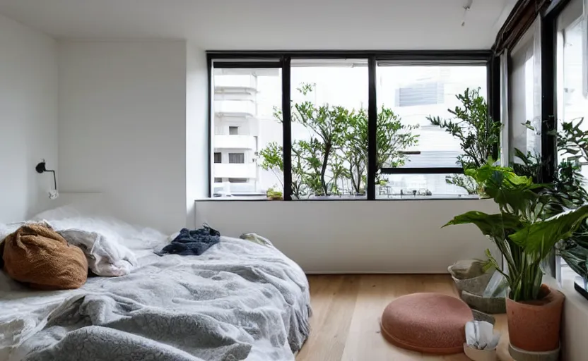 Image similar to a bright and cozy minimalist bedroom, white and pine wood, bed, cupboards, green potted plants, large window with a view of large concrete Japanese apartment blocks