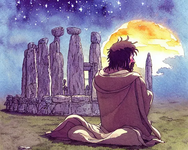 Image similar to a hyperrealist studio ghibli watercolor fantasy concept art of a giant long haired medieval monk with his heads down in lotus position in stonehenge with a starry sky in the background. a giant rocket ship from independence day ( 1 9 9 6 ) is floating in the air. by rebecca guay, michael kaluta, charles vess