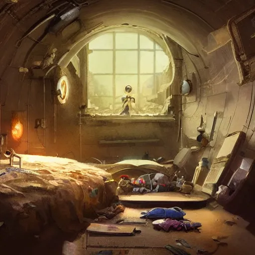 Prompt: detailed room in the sewer lair The room is a clutter if clothes and a bunkbed with space posters everywhere,soft,light,bright,epic,awesome,digital art, by Simon beak and Greg rutkowski
