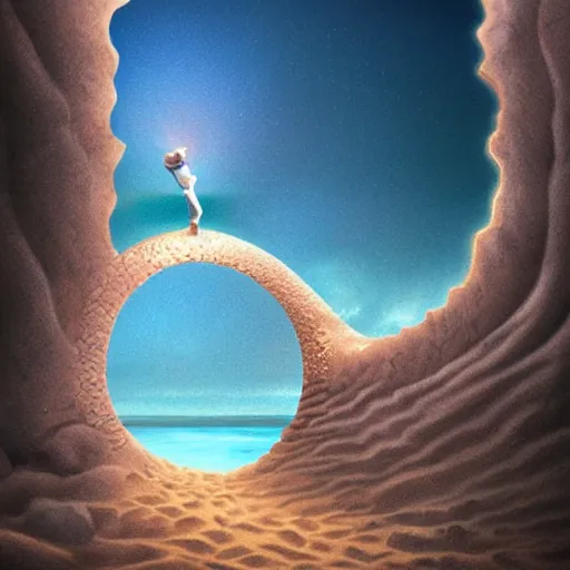 Image similar to A sand tsunami in the desert gate swallowing a man and a boy to different dimension spark, surreal, Night, concept art