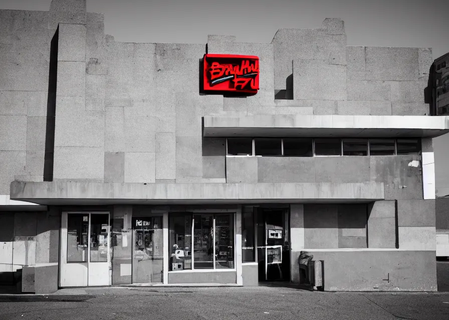 Prompt: brutalist pizza hut, 2 7 mm f / 5,