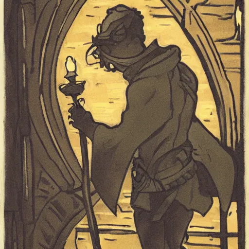 Image similar to a man holds a torch and explores a Dungeon, luminous, Art Nouveau