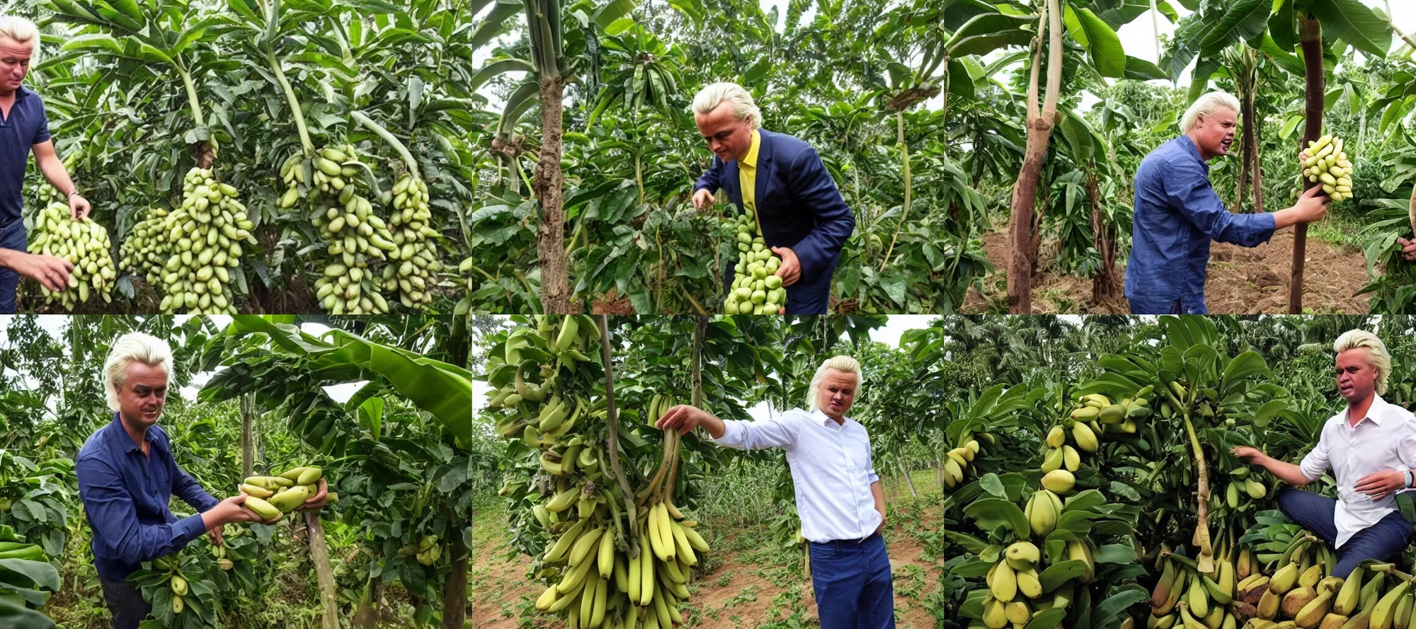 Prompt: Geert Wilders picking bananas on a plantation