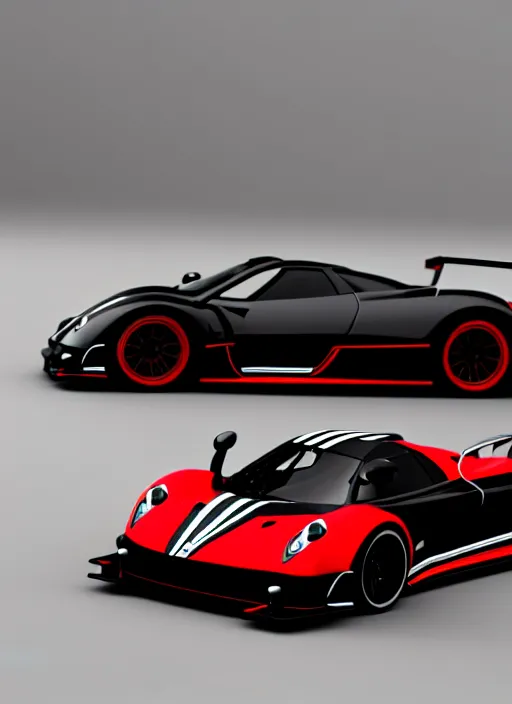 Image similar to Black with red striped Pagani Zonda R cornering on a racetrack, 3D render at 16K resolution,