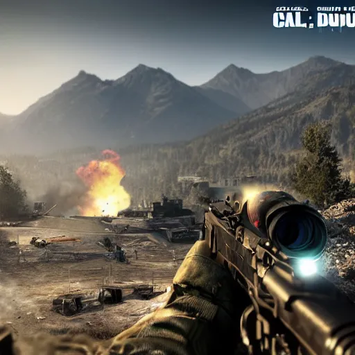 Image similar to Call of Duty gameplay, modern warfare, ak47, sunlight in the distance, a mountain in the distance, a granade explosion on the side, a character being shoot, realistic, sharp, 4k quality, illustration, artstation