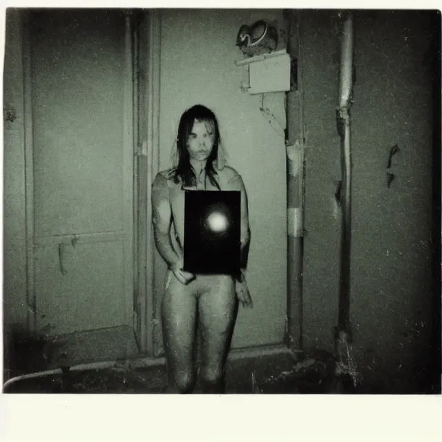 Prompt: found polaroid photo, flash, interior abandoned hospital, slime mutant creature standing