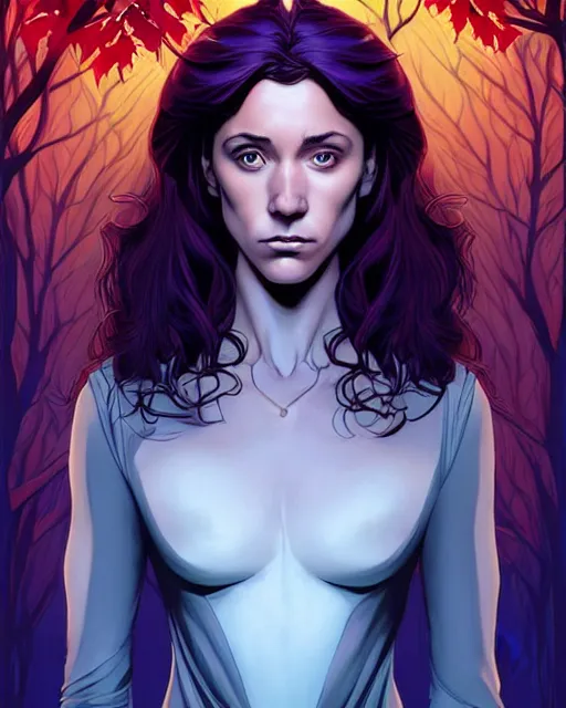 Image similar to beautiful stella maeve magician, black magic spells, in the style of joshua middleton, rafeal albuquerque comicbook cover art, phil noto, creepy pose, spooky, symmetrical face and body, volumetric lighting, cinematic lighting, detailed realistic symmetrical eyes, insanely detailed and intricate elegant, autumn leaves, artgerm