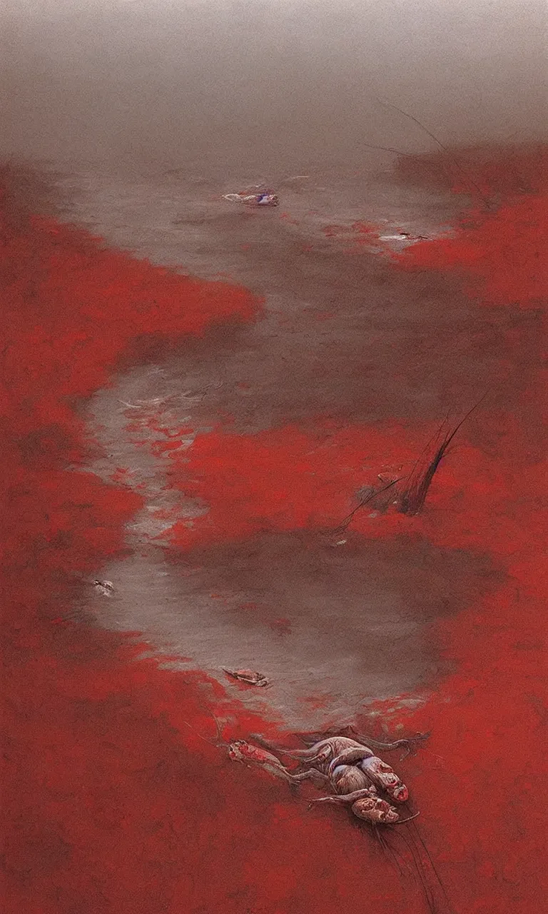 Image similar to dead river, dead fish, red color, highly detailed, 8 k, artstation, beutifull, masterpiece by beksinski