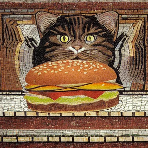 Prompt: a cat eating a hambuger in a bar, artwork roman mosaic, ancient rome, opus tesellatum.