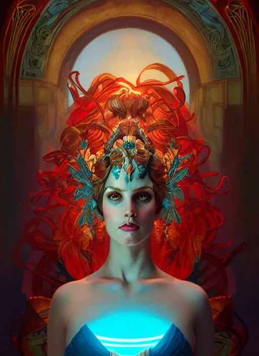 Image similar to the goddess hera looking angry, paper dress, volumetric lights, red and cyan theme, art nouveau botanicals, intricate, highly detailed, digital painting, artstation, concept art, smooth, sharp focus, symmetric face, illustration, art by artgerm and greg rutkowski and alphonse mucha