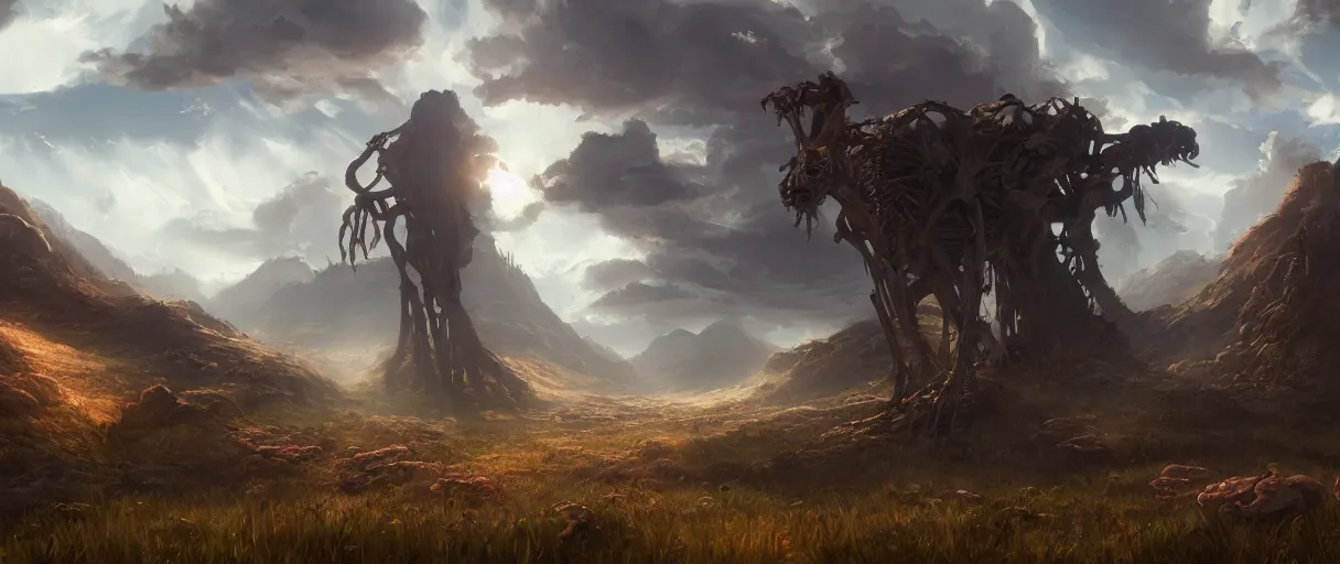 Prompt: digital painting concept art of a landscape with a huge skeleton in it, highly detailed, in the style of horizon forbidden west , landscape painting, volumetric lighting, Matte painting, trending on artstation, day time, godrays