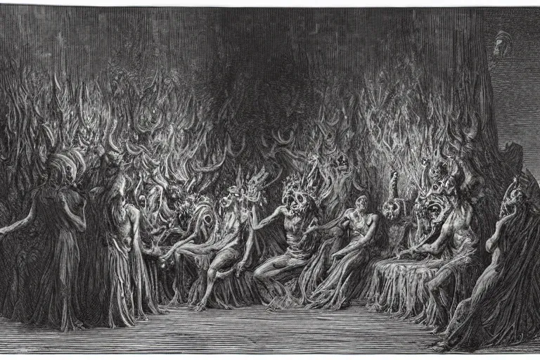 Image similar to demons eating cake, Gustave Dore lithography