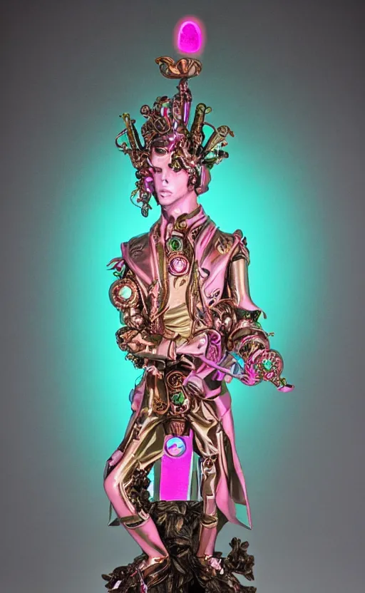 Prompt: a young handsome latino ceramic and pink iron-plated android prince with a large glowing mint crystal in the center of his chest, full-body bronze cyberpunk style statue of Andromeda with glowing green laser eyes, crown of mechanical chrysanthemums, flowing aqua silk, fabric, steampunk flowers. baroque elements, human hands. full-length view. baroque element. intricate artwork by caravaggio. many flying horses on background. Trending on artstation, octane render, cinematic lighting from the right, hyper realism, octane render, 8k, depth of field, 3D