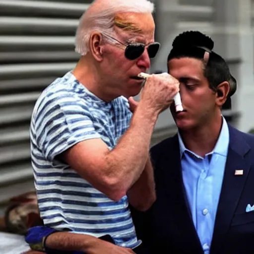 Image similar to a candid photo of joe biden smoking crack cocaine with his son.