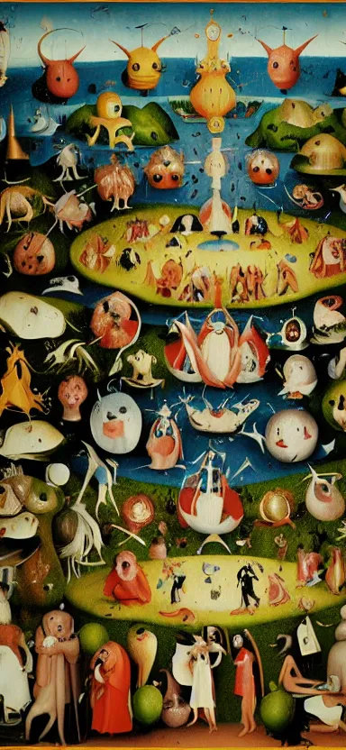 Image similar to garden of earthly delights by studio ghibli. digital painting. digital render. hieronymus bosch