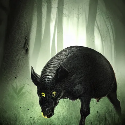 Image similar to black scorpion hunting a wild boar, dark forest, night scene, digital art, dramatic lighting, scary