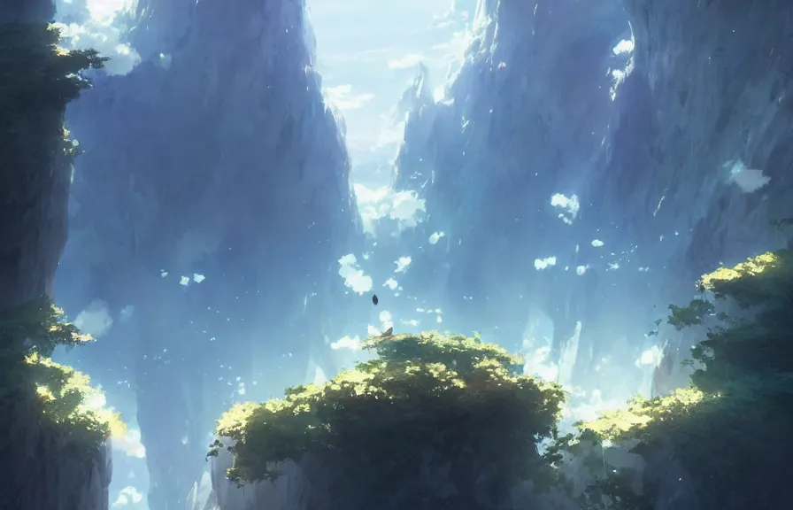 Image similar to makoto shinkai concept art of the cloud cliff dimension, key visual, ambient lighting, highly detailed, digital painting, artstation, concept art, sharp focus, by makoto shinkai and akihiko yoshida and hidari and wlop and greg rutkowski