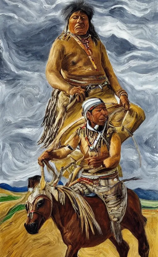 Prompt: full body shot picture of indigenous people leader riding a horse, painted by lucian freud, hd, super detailed, realistic, muted colors