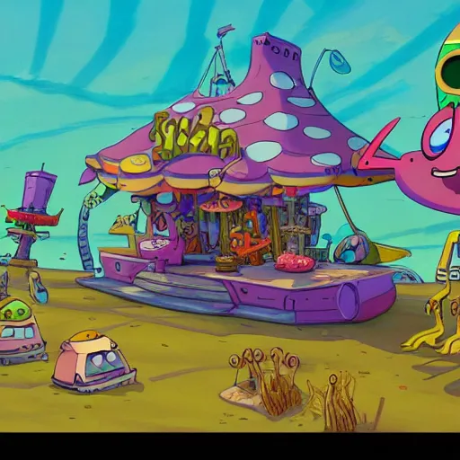 Image similar to bikini bottom drawn by stephen hillenburg, dynamic lighting, fantasy concept art, trending on art station, stunning visuals, creative, cinematic, ultra detailed