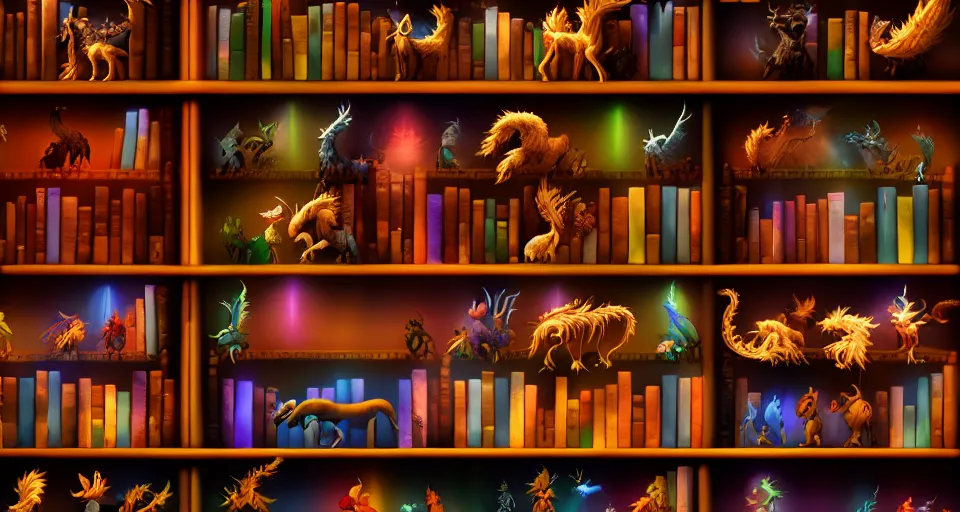 Prompt: a bookshelf of wonderful magical creatures, cinematic lighting, detailed, 4 k