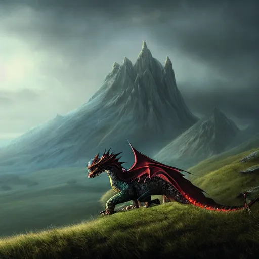 Prompt: dragon on a hill. cinematic. film still. matte painting. hd. volumetric light. concept art. octane render. in the style of lord of the rings. epic. detailed. intricate. beautiful. perfect. fine line detail. hd illustrative wallpaper, style of tom bagshaw, cedric peyravernay, peter mohrbacher,