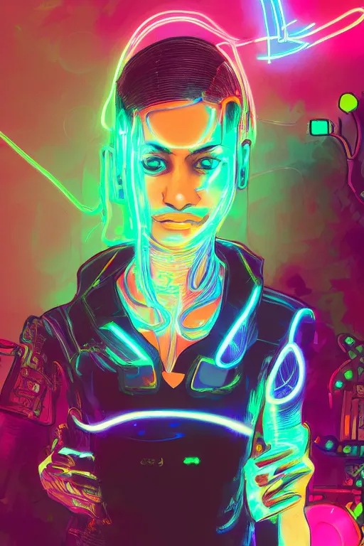 Image similar to cyberpunk sri lankan girl, neon lights in the background, digital art