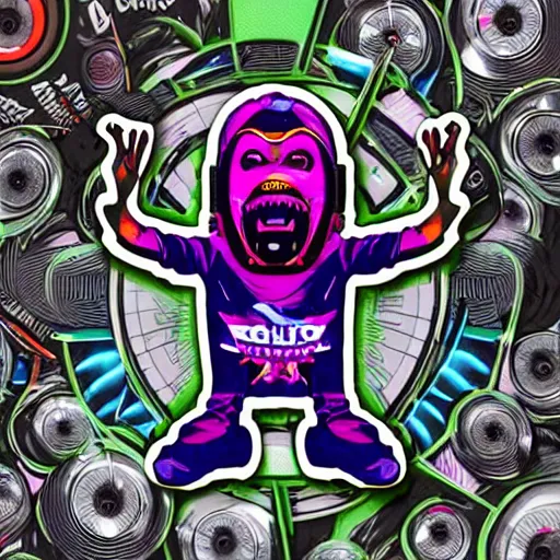 Image similar to svg sticker of a Pop-Wonder Alien-Bog-Monster-Swamp-Rat-Thunder-Coot-Racing-Fan at a rave, spinning records, giant headphones rocking out, wearing headphones, huge speakers, dancing, rave, DJ, spinning records, digital art, amazing composition, rule-of-thirds, award-winning, trending on artstation, featured on deviantart