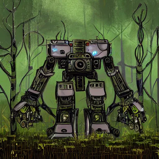 Prompt: giant metallic mech robot in the middle of a swamp, covered in many leaves and vines, digital painting, art